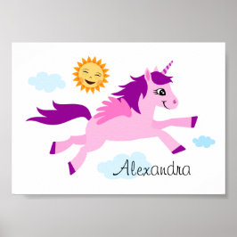 Roze eenhoorn en gelukkige zon, wanddecoratie voor poster