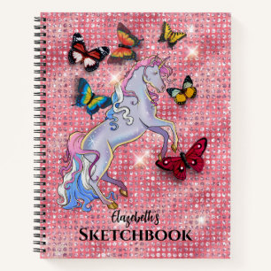 Roze Eenhoorn en Vlinders Glitter Schetsboek Notitieboek