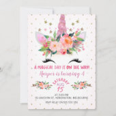 Roze Eenhoorn Gezicht Bloemen Verjaardag Uitnodigi Kaart (Voorkant)