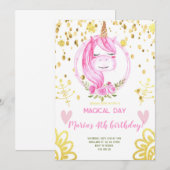 Roze Eenhoorn gezicht Gouden Confetti Meisje Verja Kaart (Voorkant / Achterkant)