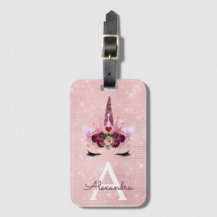Roze Eenhoorn Glans Prinses Monogram Naam Bagagelabel