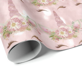 Roze Eenhoorn Glitter Bloemen Goud Blush Zoet 16e Cadeaupapier