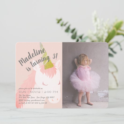 Roze Eenhoorn Glitter Foto Verjaardag Uitnodiging (Staand voorkant)