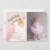 Roze Eenhoorn Glitter Foto Verjaardag Uitnodiging (Voorkant)