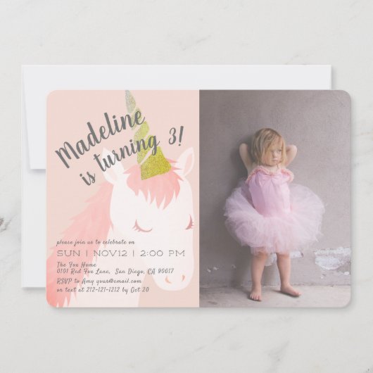 Roze Eenhoorn Glitter Foto Verjaardag Uitnodiging (Voorkant)