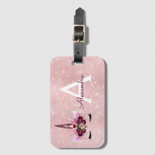 Roze Eenhoorn Glitter Prinses Monogram Naam Bagagelabel (Voorkant (verticaal))