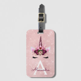 Roze Eenhoorn Glitter Prinses Monogram Naam Bagagelabel