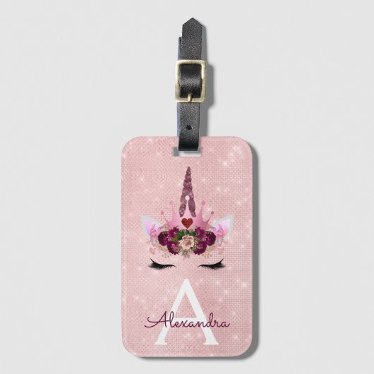 Roze Eenhoorn Glitter Prinses Monogram Naam Bagagelabel (Voorkant (verticaal))
