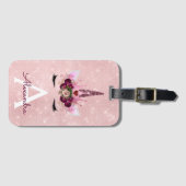 Roze Eenhoorn Glitter Prinses Monogram Naam Bagagelabel (Voorkant (horizontaal))