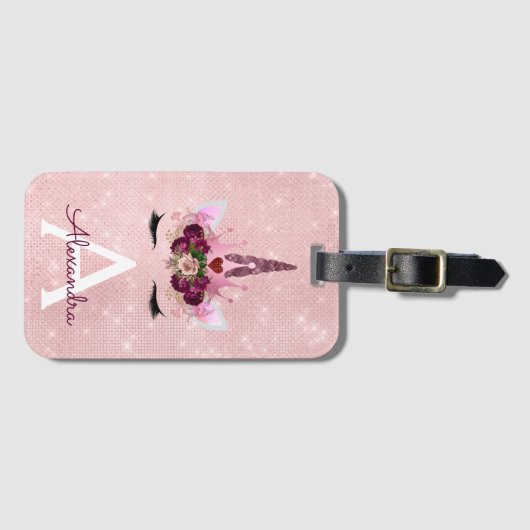 Roze Eenhoorn Glitter Prinses Monogram Naam Bagagelabel (Voorkant (horizontaal))