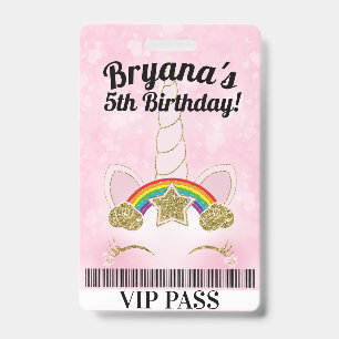 Roze Eenhoorn Gouden Glitter Verjaardagsfeest VIP  Badge