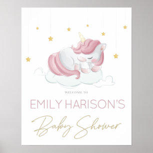 Roze Eenhoorn Gouden Sterren Baby Borrel Teken Poster