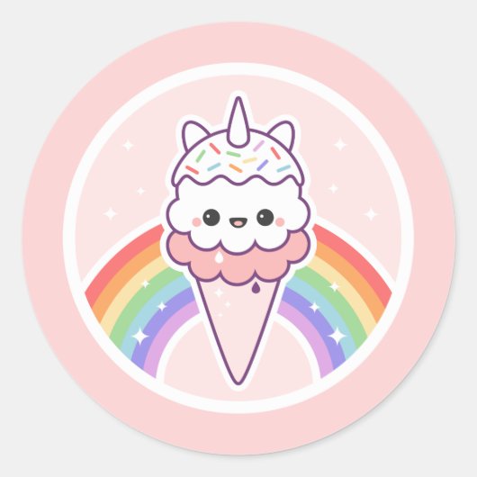 Roze Eenhoorn Ice Cream Cone Ronde Sticker (Voorkant)