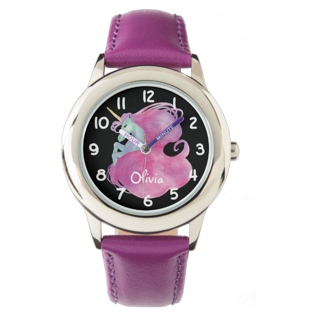  Roze Eenhoorn Kinder Gepersonaliseerd Horloge (Voorkant)