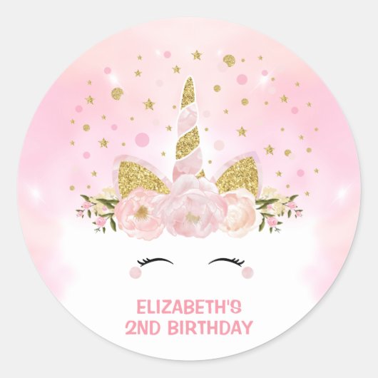  Roze Eenhoorn Magische Wolken Galaxy Party Ronde Sticker (Voorkant)