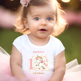 Roze Eenhoorn Meisje 1e Verjaardag Naam Baby T-Shi