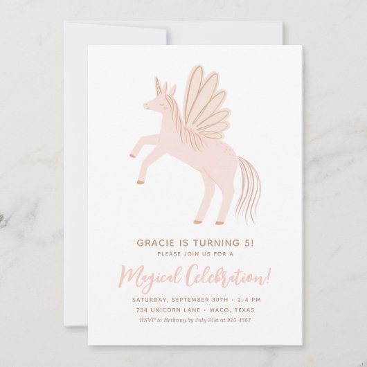 Roze Eenhoorn Meisje Verjaardagsfeest Uitnodiging (Voorkant)