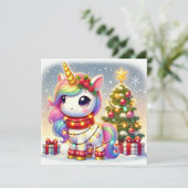 Roze eenhoorn met geschenken en kerstboom feestdagenkaart (Staand voorkant)