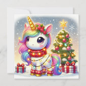 Roze eenhoorn met geschenken en kerstboom feestdagenkaart (Voorkant)