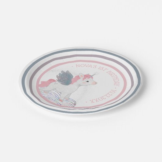 Roze Eenhoorn met Wings Verjaardagspapier Bord (Gekanteld)