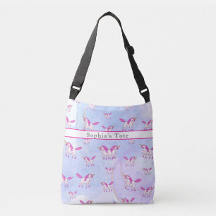 Roze eenhoorn motief met gepersonaliseerde naam crossbody tas