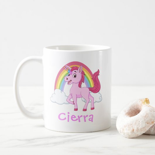 Roze Eenhoorn Rainbow Gepersonaliseerde naam Koffiemok (Met donut)