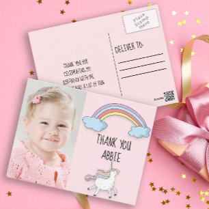 Roze Eenhoorn / Regenboog Verjaardagsfoto Bedankt Briefkaart
