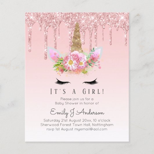 Roze Eenhoorn Roze Goud Druppelende Glitters Baby  (Voorkant)