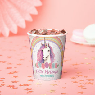 Roze Eenhoorn, Rozen & Regenboog Verjaardagsfeest Papieren Bekers