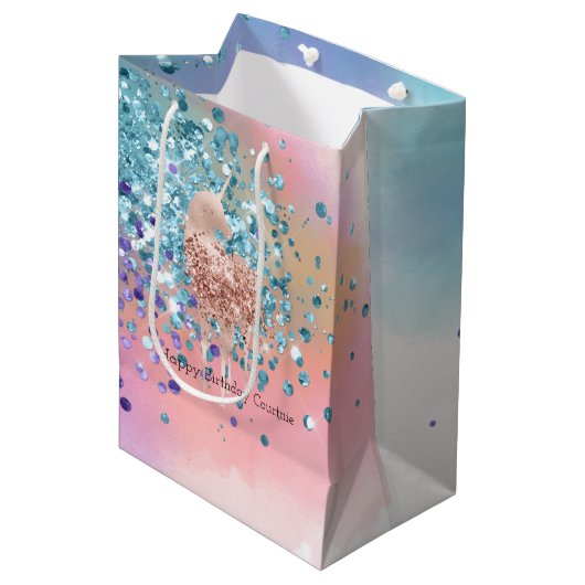 Roze Eenhoorn Sparkle Paarse Aqua Glitter Confetti Medium Cadeauzakje (Voorkant Gekanteld)