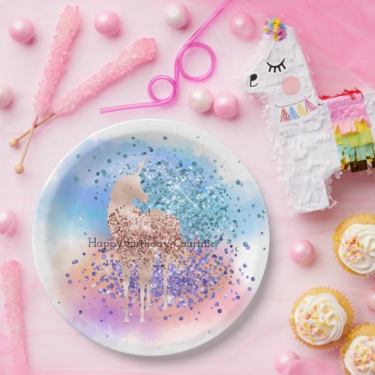 Roze Eenhoorn Sparkle Paarse Aqua Glitter Confetti Papieren Bordje (Feest)