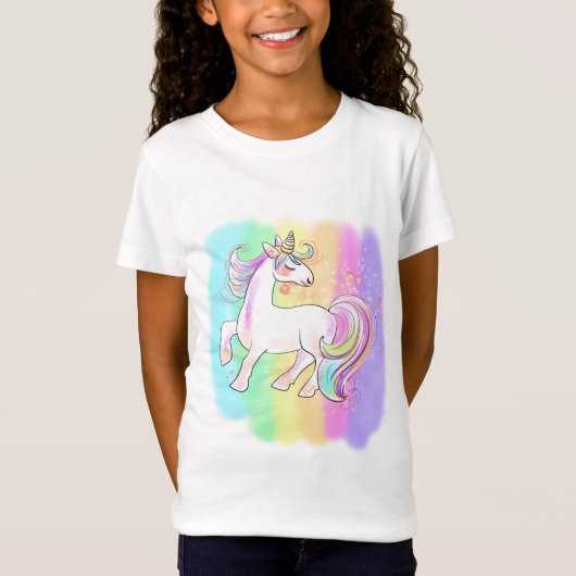 roze eenhoorn tegen regenboogachtergrond t-shirt (Voorkant)