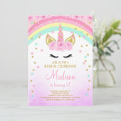 Roze Eenhoorn Uitnodiging Met Gouden Sterren (Staand voorkant)