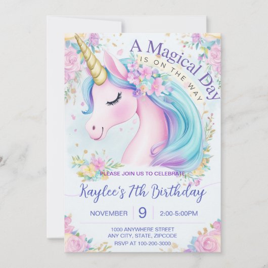 Roze Eenhoorn Verjaardag Gouden Regenboog Uitnodig Kaart (Voorkant)