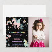 Roze Eenhoorn Verjaardag Uitnodigingen met foto (Voorkant / Achterkant)