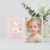 Roze Eenhoorn Verjaardagsfeest Foto Bedankt (Staand voorkant)