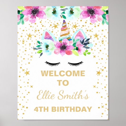 Roze Eenhoorn Verjaardagsfeest Welkomstbord Poster (Voorkant)