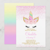 Roze Eenhoorn Verjaardagsuitnodiging Kaart (Voorkant / Achterkant)