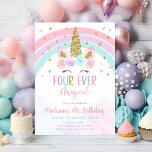 Roze Eenhoorn Vier ooit Magische Verjaardag Kaart<br><div class="desc">Dit schattige ontwerp is voorzien van een eenzijdig gezicht met een pastelkleurige regenboog en faux goudglitterenversieringen.</div>