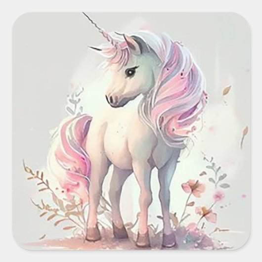 Roze Eenhoorn Vierkante Sticker (Voorkant)
