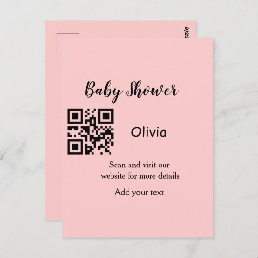 Roze eenvoudig baby shower q of code voeg naamteks briefkaart (Voorkant / Achterkant)