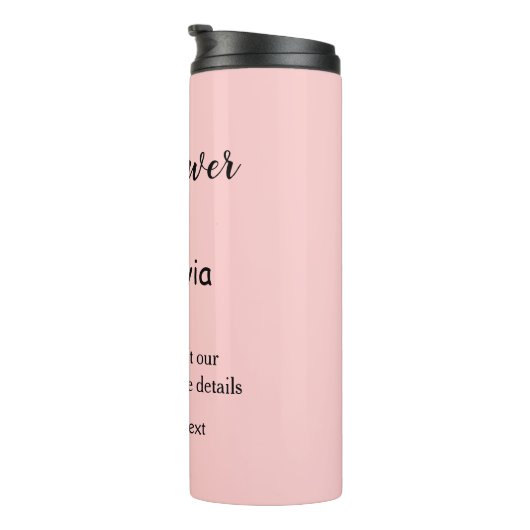 Roze eenvoudig baby shower q of code voeg naamteks thermosbeker (Geroteerd rechts)
