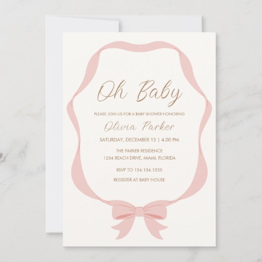 Roze Eenvoudig  Bow Lijst Meisje Baby shower Kaart (Voorkant)