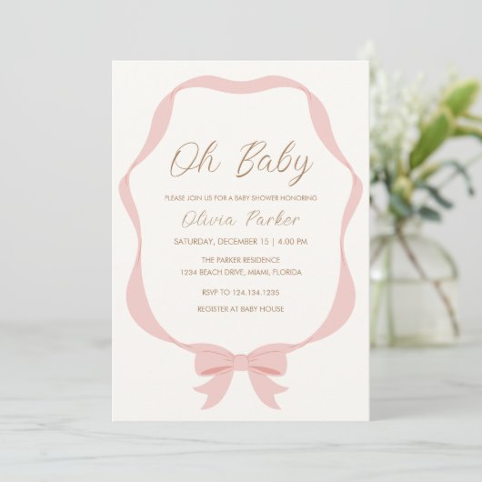 Roze Eenvoudig  Bow Lijst Meisje Baby shower Kaart (Staand voorkant)