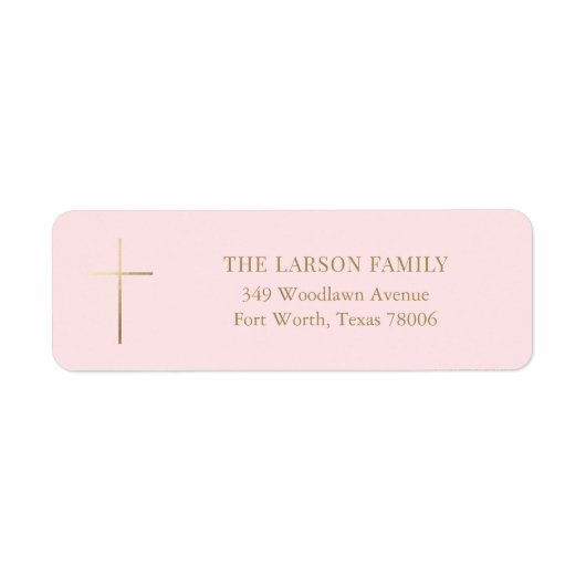 Roze Eenvoudig Elegant Goud Kruis Doop Adres Etiket (Voorkant)