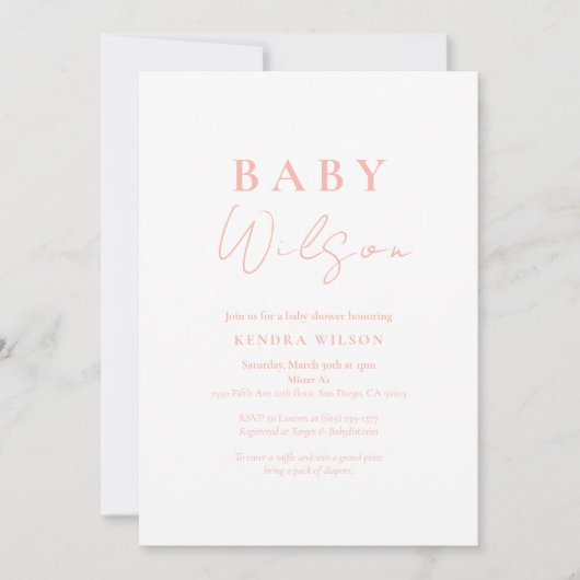 Roze Eenvoudig Elegant Meisje Baby shower Invitati Kaart (Voorkant)