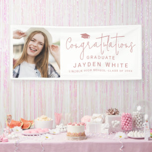 Roze Eenvoudig Modern Script Foto Graduation Party Spandoek