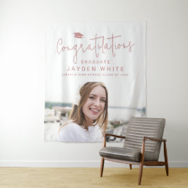 Roze Eenvoudig Modern Script Foto Graduation Party Wandkleed