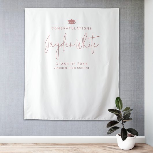 Roze Eenvoudig Moderne Script Naam Afstudeerfeest Wandkleed