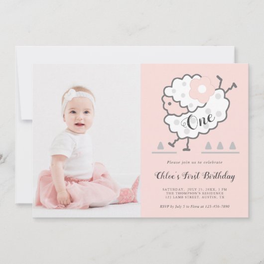 Roze Eenvoudig Schattige Jumping Lamb 1e Verjaarda Kaart (Voorkant)